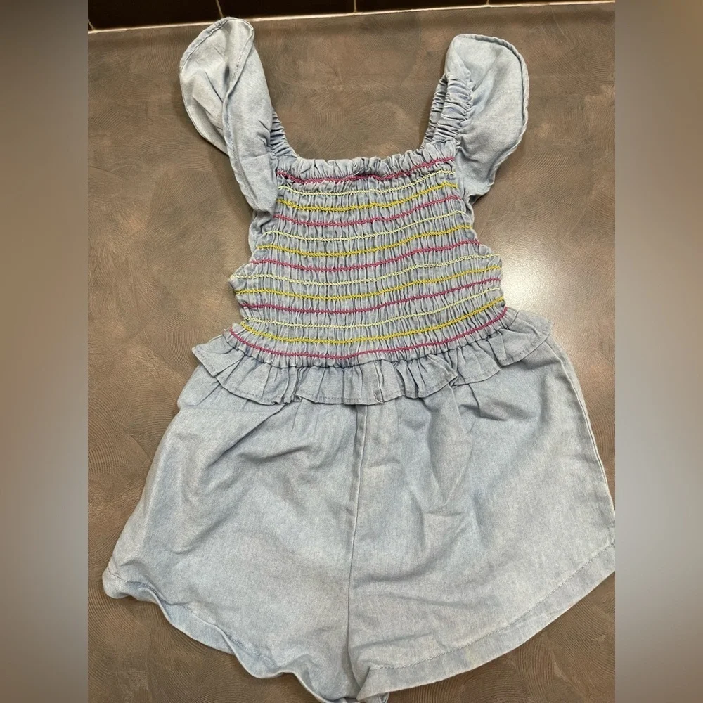 Vince Camuto 3T Girls Summer One Piece Romper Smocked Blue Pink Yellow Pull On‎